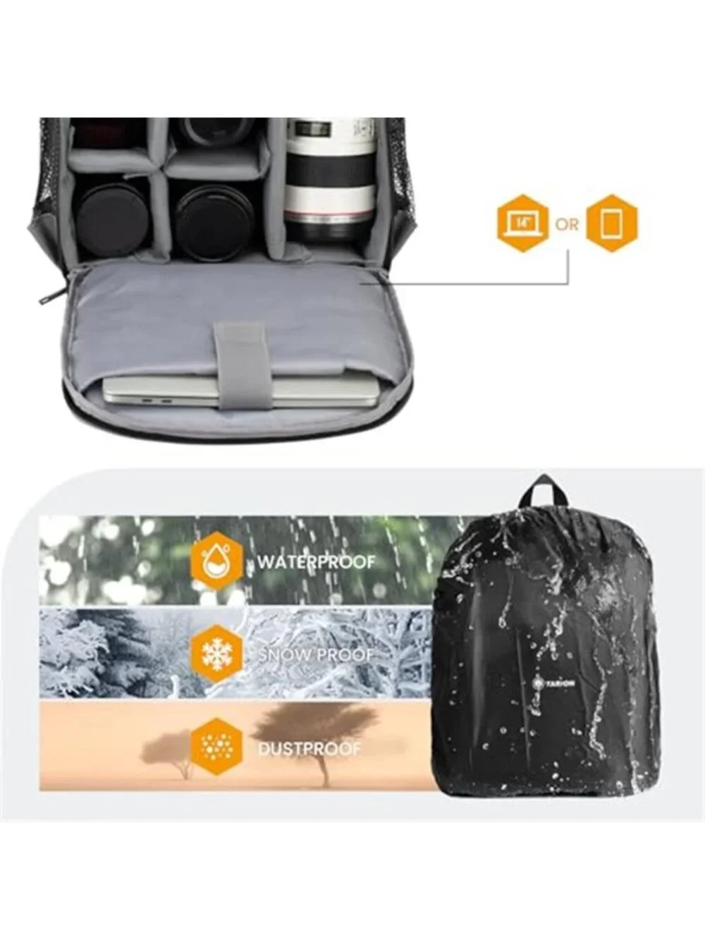 Men's Camera Backpack for Photographers Medium Lightweight 15L Black TB-M